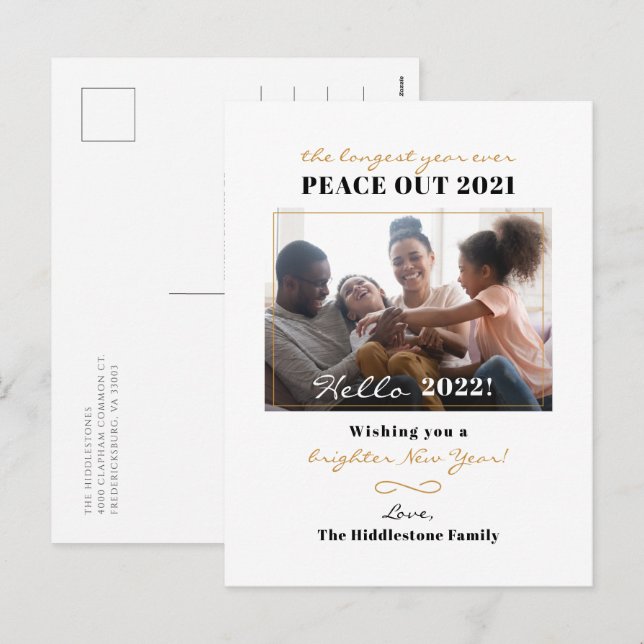 Peace Out 2021 New Year Hand Lettered Family Photo Holiday Postcard (Front/Back)