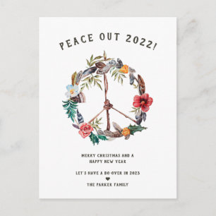 Peace Out 2022 Boho Floral New Year's Wreath Postcard
