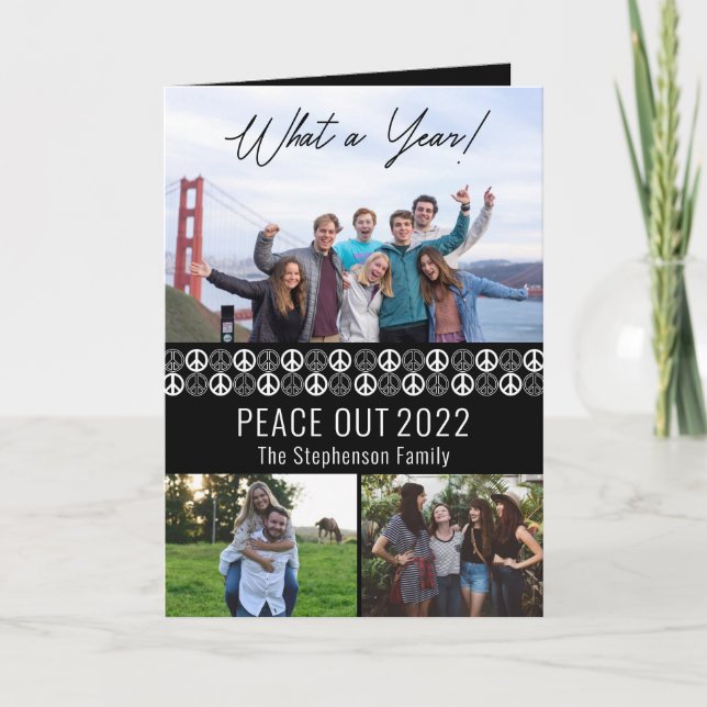 Peace Out 2022 What A Year 3 Photo Collage - Black Holiday Card (Front)