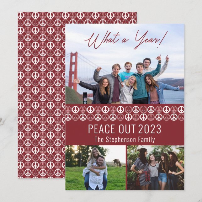 Peace Out 2023 What A Year 3 Photo Collage - Berry Holiday Card (Front/Back)