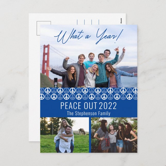 Peace Out 2023 What A Year 3 Photo Collage - Blue Holiday Postcard (Front/Back)