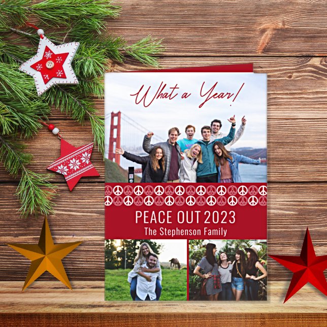 Peace Out 2023 What A Year 3 Photo Collage - Red Holiday Card (Peace Out 2023 -- What A Year!   Greet your friends and family in unique style.  Peace Sign design  )