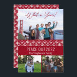 Peace Out 2023 What A Year 3 Photo Collage - Red  Holiday Card<br><div class="desc">"Peace Out 2023" "What a Year!"  three photo collage adorned with peace symbol solid and outline pattern repeat on front and back.  Simply add your family name. Composite design by Holiday Hearts Designs (rights reserved).  Template placeholder photos provided via Unsplash.</div>