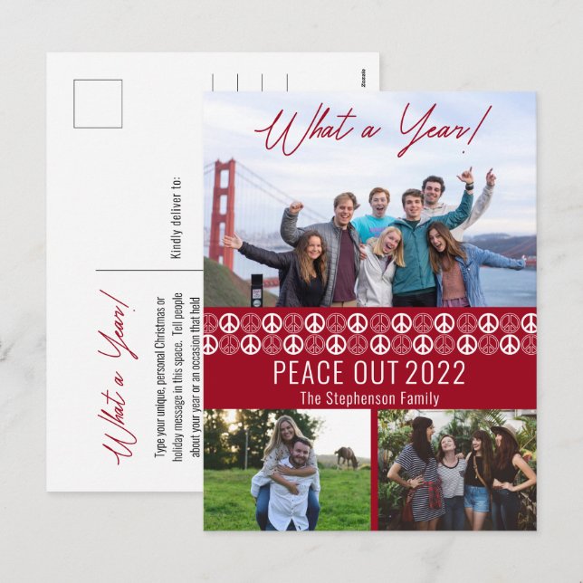 Peace Out 2023 What A Year 3 Photo Collage - Red Holiday Postcard (Front/Back)