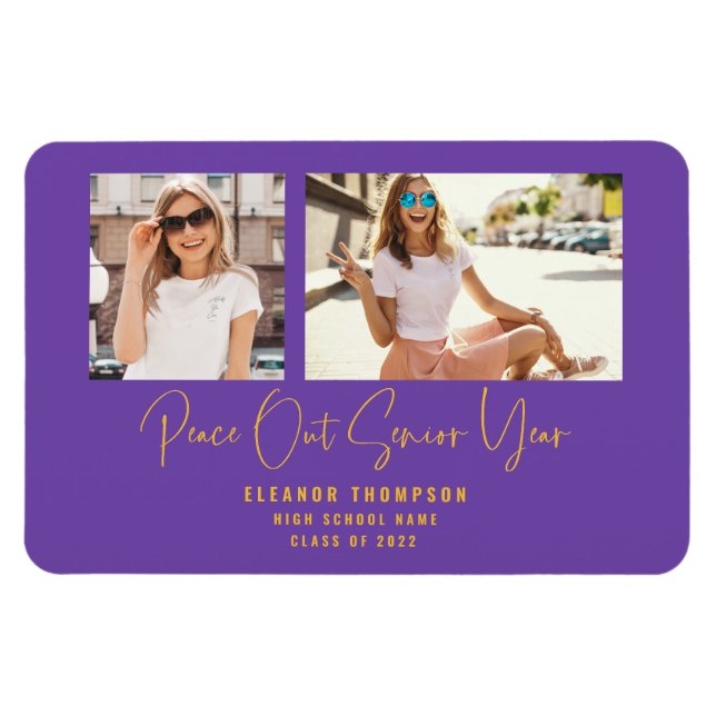 Peace Out 2 Photo 2022 Graduation Announce Purple Magnet (Horizontal)