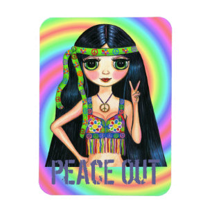 Peace Out Big Eye Hippie Girl Flashing Peace Sign Magnet