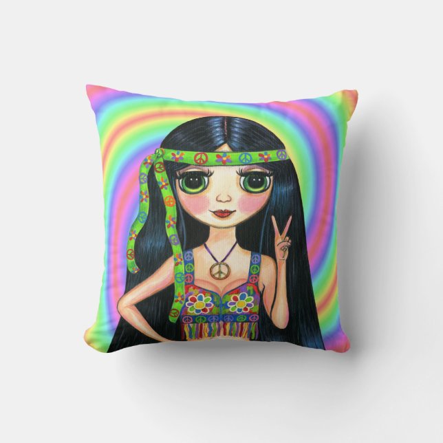 Peace Out Girl Hippie Flashing Peace Sign Cushion (Front)