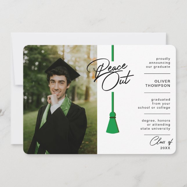 Peace Out Green Tassel Covid Photo Graduation Announcement (Front)