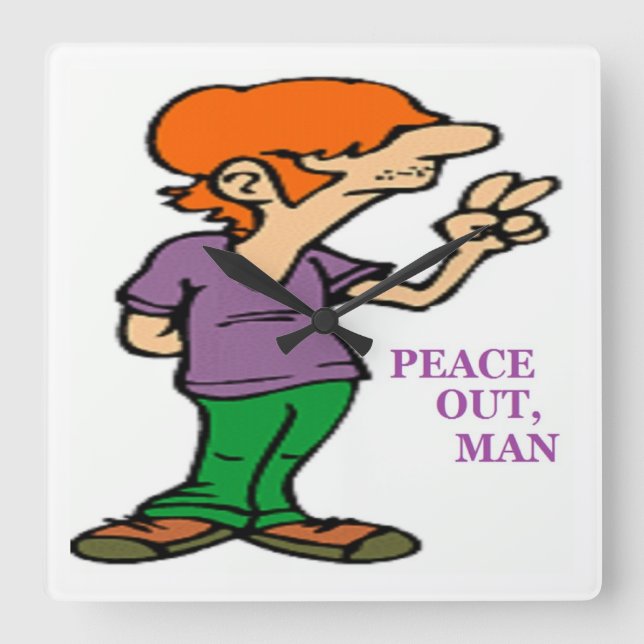 "PEACE OUT, MAN" HIPPIE SQUARE WALL CLOCK (Front)