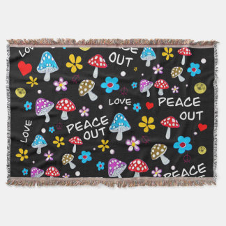Peace Out Mushroom and Flower Hippie Throw Blanket