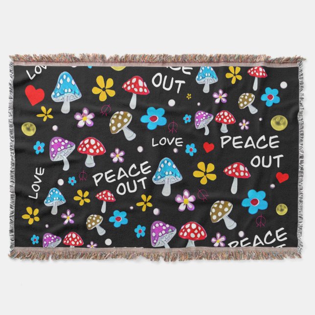 Peace Out Mushroom and Flower Hippie Throw Blanket (Front)