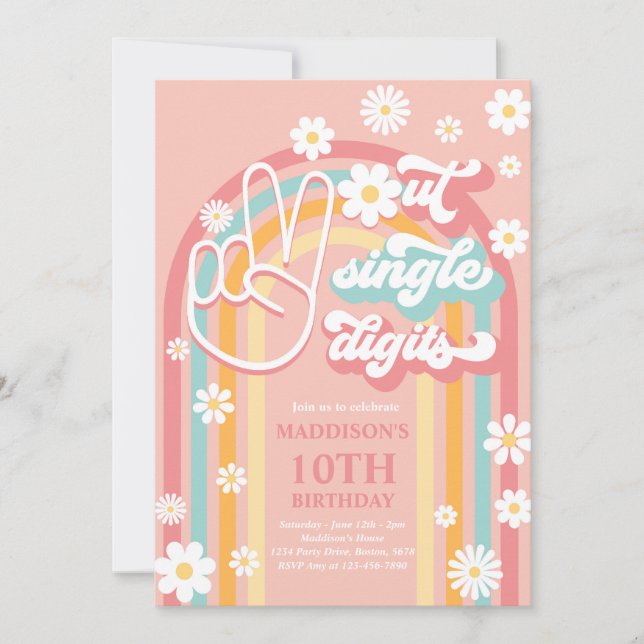 Peace Out Single Digits Boho Rainbow 10th Birthday Invitation (Front)