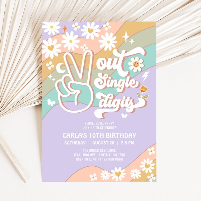 Peace Out Single Digits Groovy 10th Birthday Invitation (Creator Uploaded)
