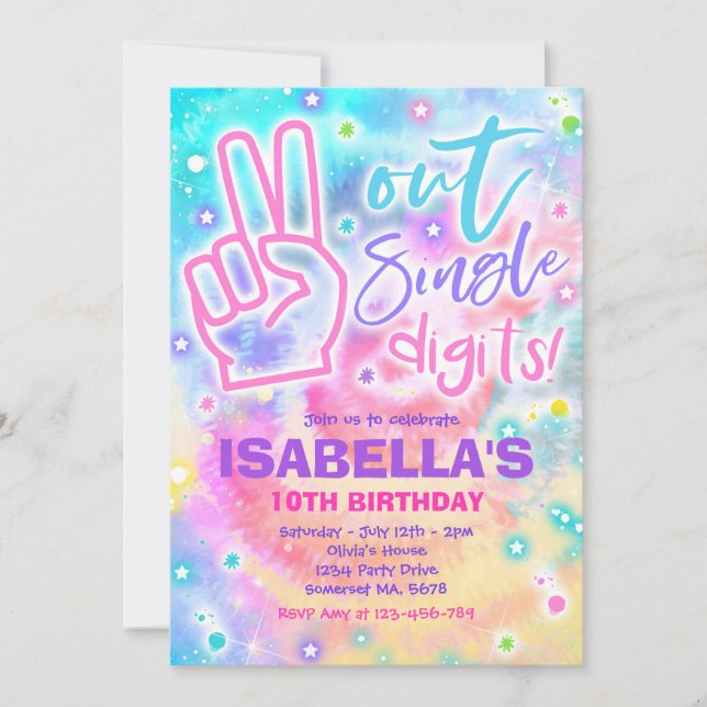 Peace Out Single Digits Hippy Tie Dye Birthday Inv Invitation (Front)