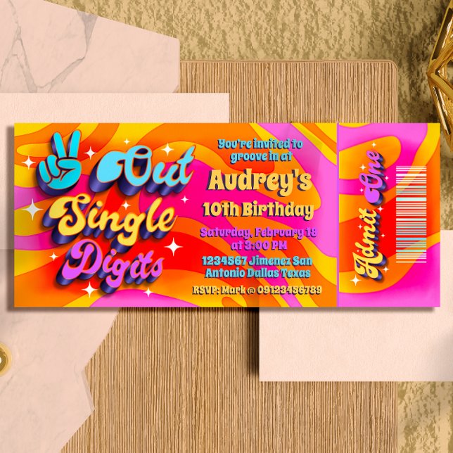 Peace Out Single Digits Im 10 Ticket Invitation (Peace Out Single Digits - Groovy Retro 10th Birthday Ticket Invitation )