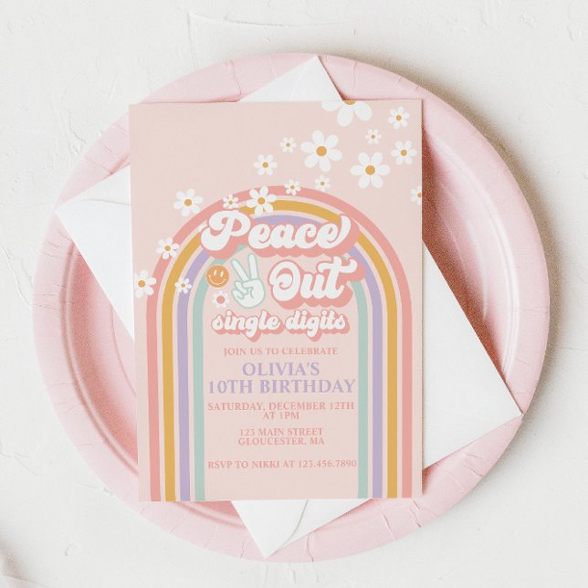 Peace out Single Digits rainbow 10th Birthday Invitation (Creator Uploaded)