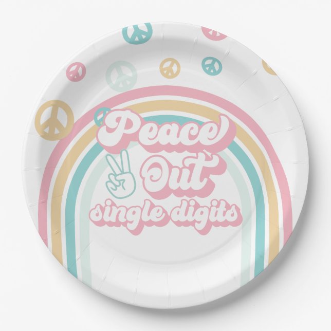 Peace Out Single Digits Retro Summer Rainbow Paper Plate (Front)