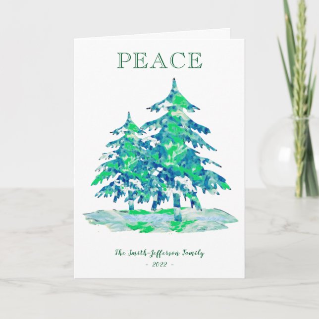 Peace Painterly Green Christmas Tree Holidays Card (Front)