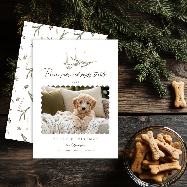 Peace Paws Puppy Treats Rustic Botanical Photo Dog Holiday Card (Shown on a 5" x 7" card)