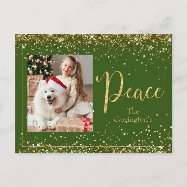 Peace Photo Gold Glitter Script Holiday Postcard (Front)