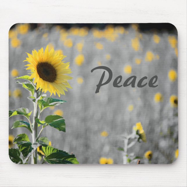 "Peace" Phrase, Field of Sunflowers, Black & White Mouse Mat (Front)