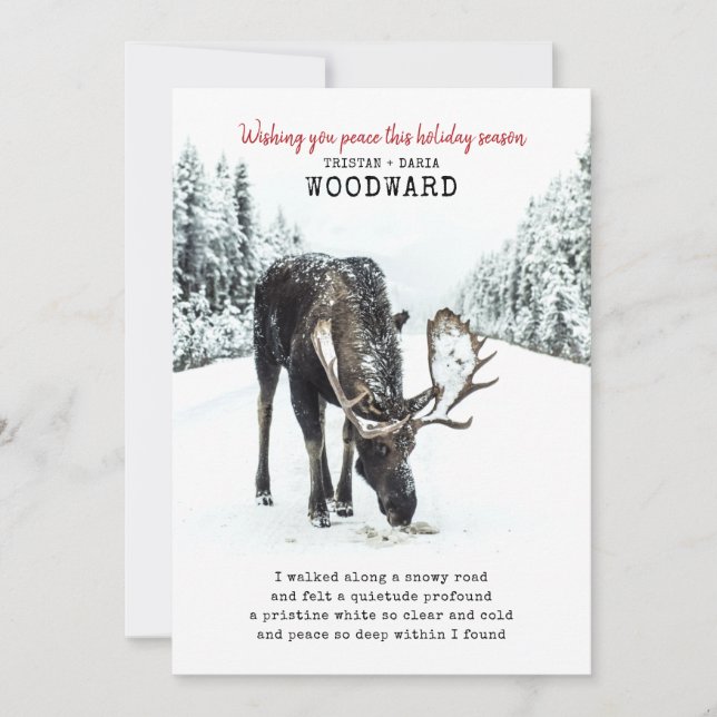Peace Poem with Moose in Winter Snow Scene Holiday Card (Front)