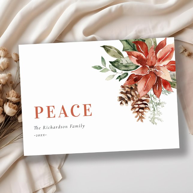 Peace Poinsettia Bunch Watercolor Pine Christmas Holiday Card (Creator Uploaded)