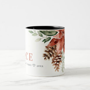 Peace Poinsettia Bunch Watercolor Pine Christmas Two-Tone Coffee Mug