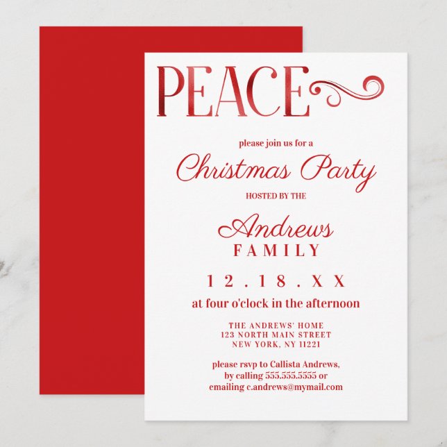 Peace Quote White Red Foil Simple Christmas Invitation (Front/Back)