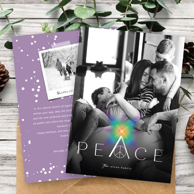 Peace Rainbow Glow Typography Minimalist Photo Holiday Card (Creator Uploaded)