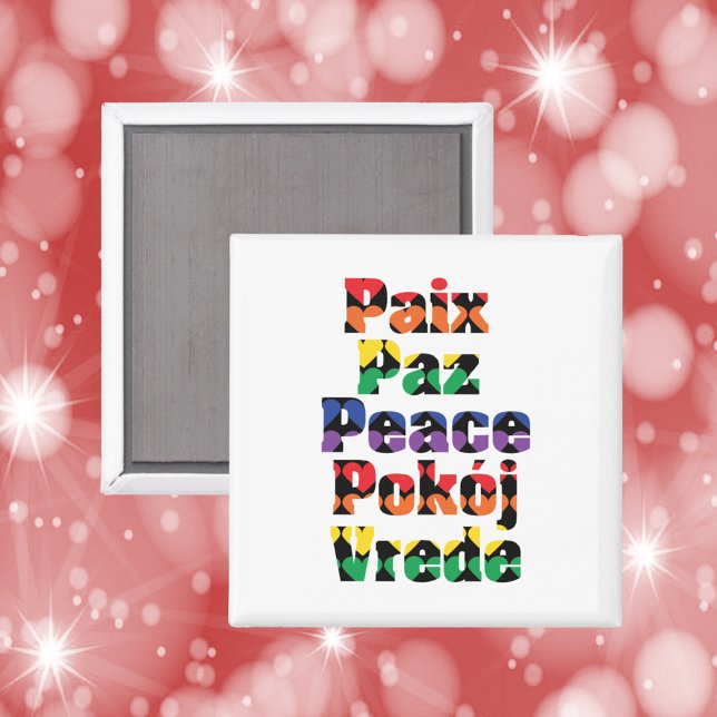 Peace Rainbow Hearts Pattern Magnet (A magnet that says peace in French, Spanish, English, Polish and Dutch with a heart pattern.)