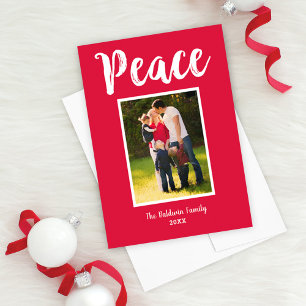 Peace Red Brushed Script Photo Holiday Card