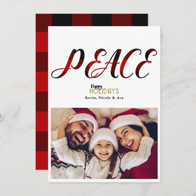 PEACE Red Plaid Christmas Holiday Photo Card (Front/Back)