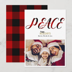 PEACE Red Plaid Christmas Holiday Photo Card