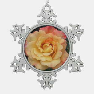 Peace Rose Beautiful Pink and Yellow Floral Snowflake Pewter Christmas Ornament