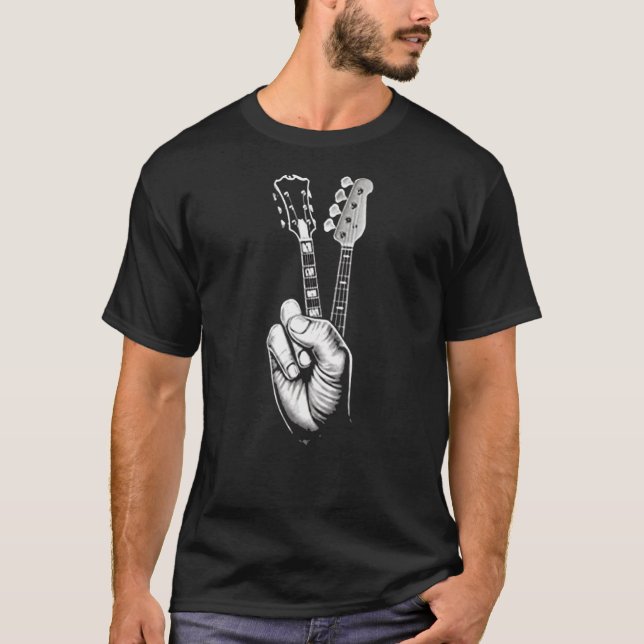 Peace Sign Acoustic Guitar Fingers Guitarist Music T-Shirt (Front)