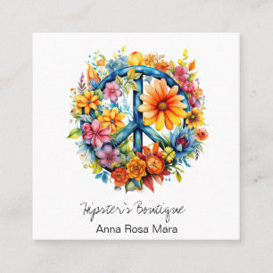 *~* Peace Sign AP57 Boho QR Retro Vintage Flowers Square Business Card
