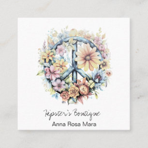 *~* Peace Sign AP57 Boho Retro Vintage Flowers QR Square Business Card