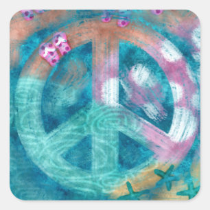 Peace Sign Beach Abstract Art Teal Pink Square Sticker