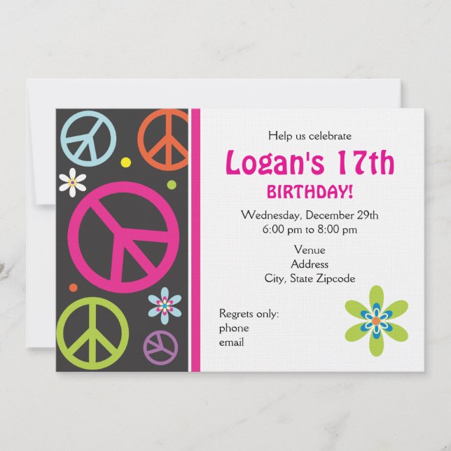 Peace Sign Birthday Invitation - Teen (Front)