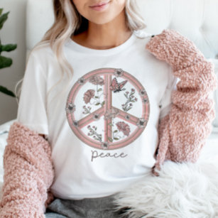 Peace Sign Boho Floral Butterfly Girly Retro T-Shirt