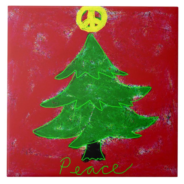 Peace Sign Christmas Tree Abstract Art Tile (Front)