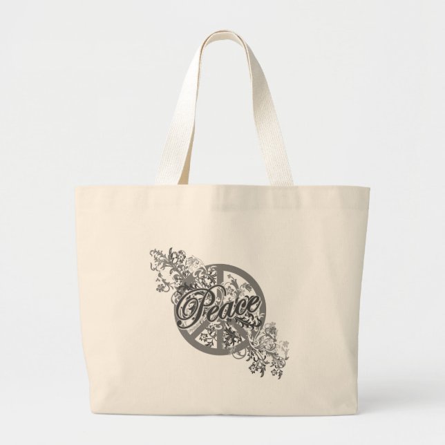 Peace Sign Filigree Floral Large Tote Bag (Front)