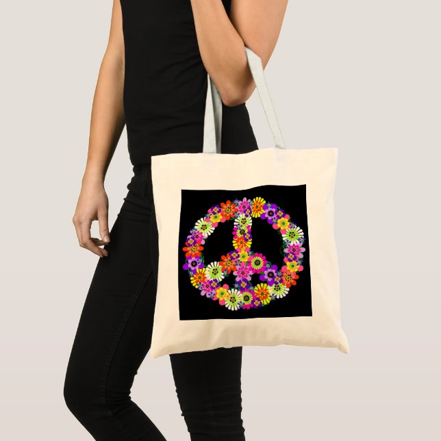 Peace Sign Floral Cutout on Black Tote Bag (Front (Product))