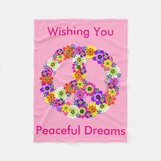 Peace Sign Floral in Baby Pink Peaceful Dreams Fleece Blanket (Front)
