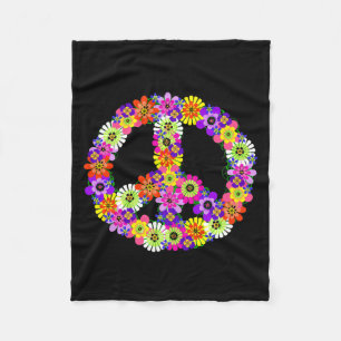 Peace Sign Floral in Black Fleece Blanket
