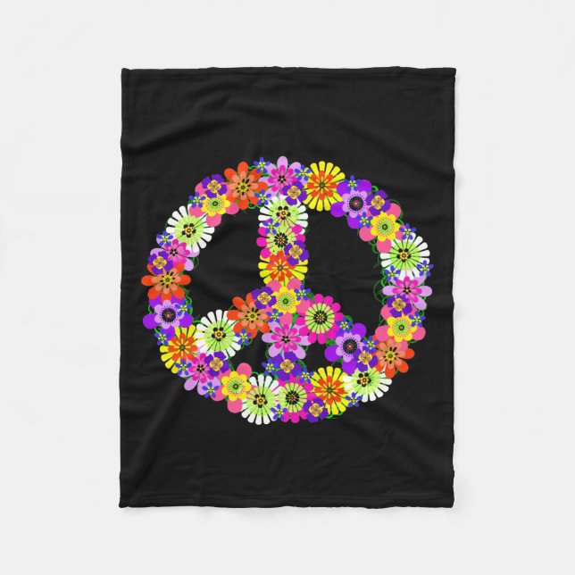Peace Sign Floral in Black Fleece Blanket (Front)