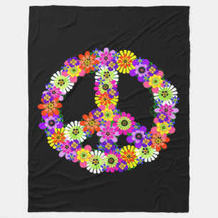 Peace Sign Floral in Black Fleece Blanket