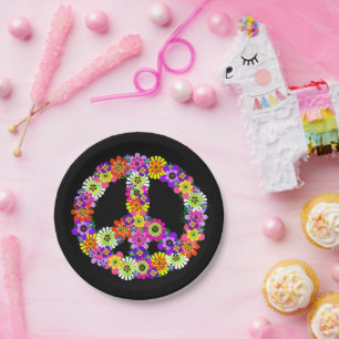 Peace Sign Floral in Black Paper Plate
