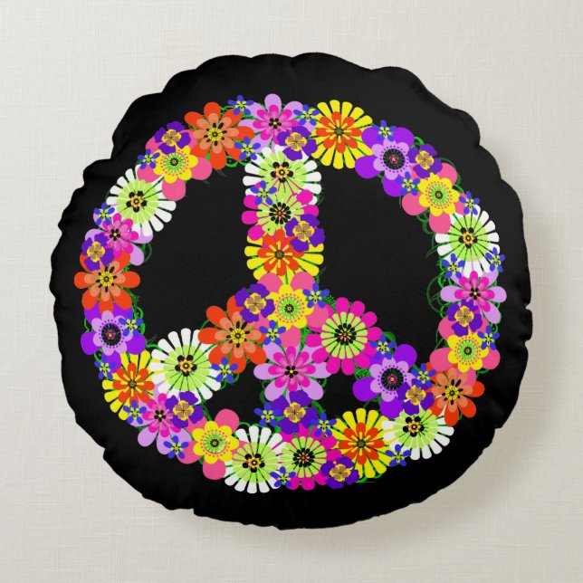 Peace Sign Floral in Black Round Cushion (Front)